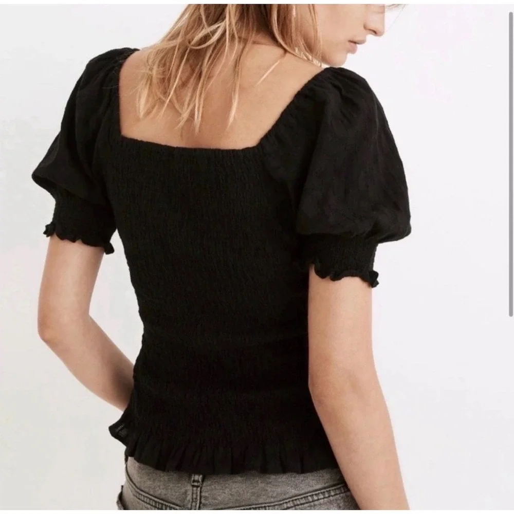 Madewell Lucie Smocked Top Medium Black Puff Sleeve Square Neck Cottagecore